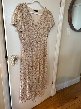 Milkrose Floral High-Low Button-Front Midi Dress in Cream with Pink and Green